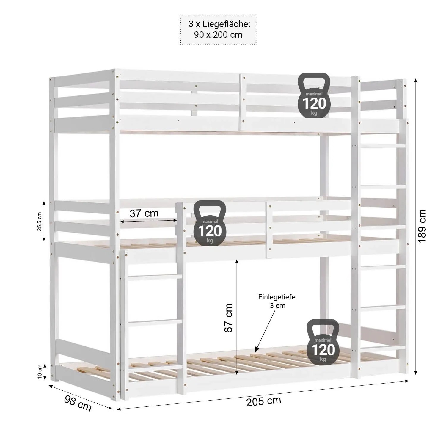 Weißes Homestyle4u Etagenbett mit 3 Liegeflächen (90x200 cm), Leitern und Maßen.