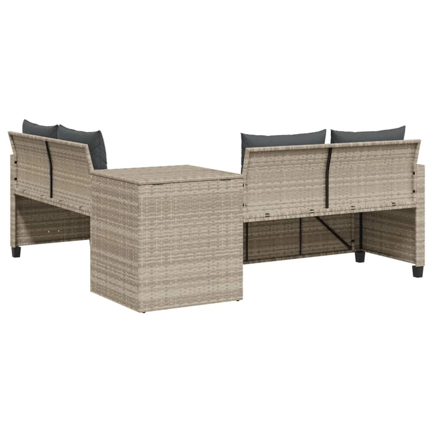 Hellgraues vidaXL Gartensofa in L-Form mit Tisch und Kissen aus Poly Rattan.