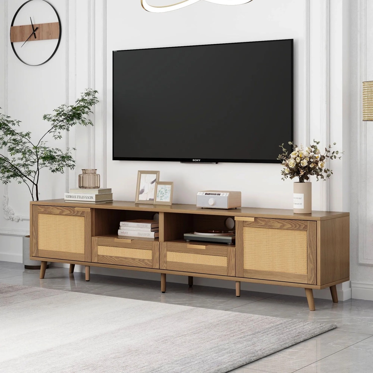 Merax TV Lowboard 200x37x49 cm Rattanoptik Massivholzfüße