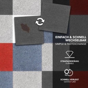 Muster verschiedener Karat Teppichfliesen Moskau, dunkelgrau, selbstliegend, mit Fleck und Symbol für Austauschbarkeit.