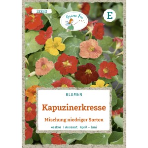 Saatgutpackung Grüne Fee Kapuzinerkresse, niedrige Sorten mit bunten Blüten in Rot, Gelb und Orange.