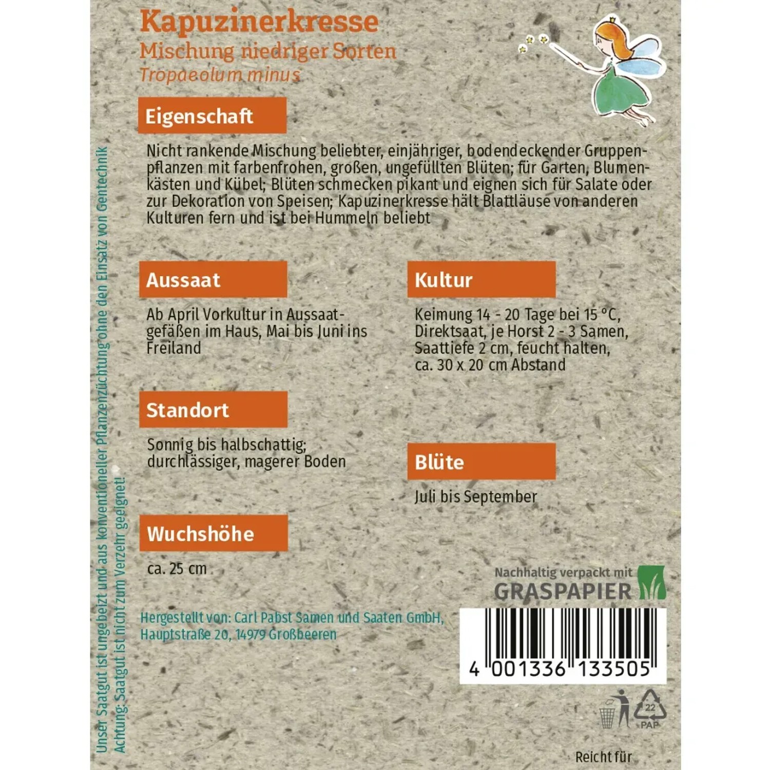 Samentüte Grüne Fee Kapuzinerkresse Mischung niedriger Sorten, Blumensamen für ca. 15 Pflanzen.