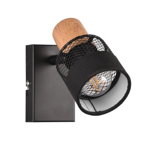 Schwenkbarer Trio Spot Nandini, 1-flammig, schwarz matt mit Holz- und Stoffelementen.