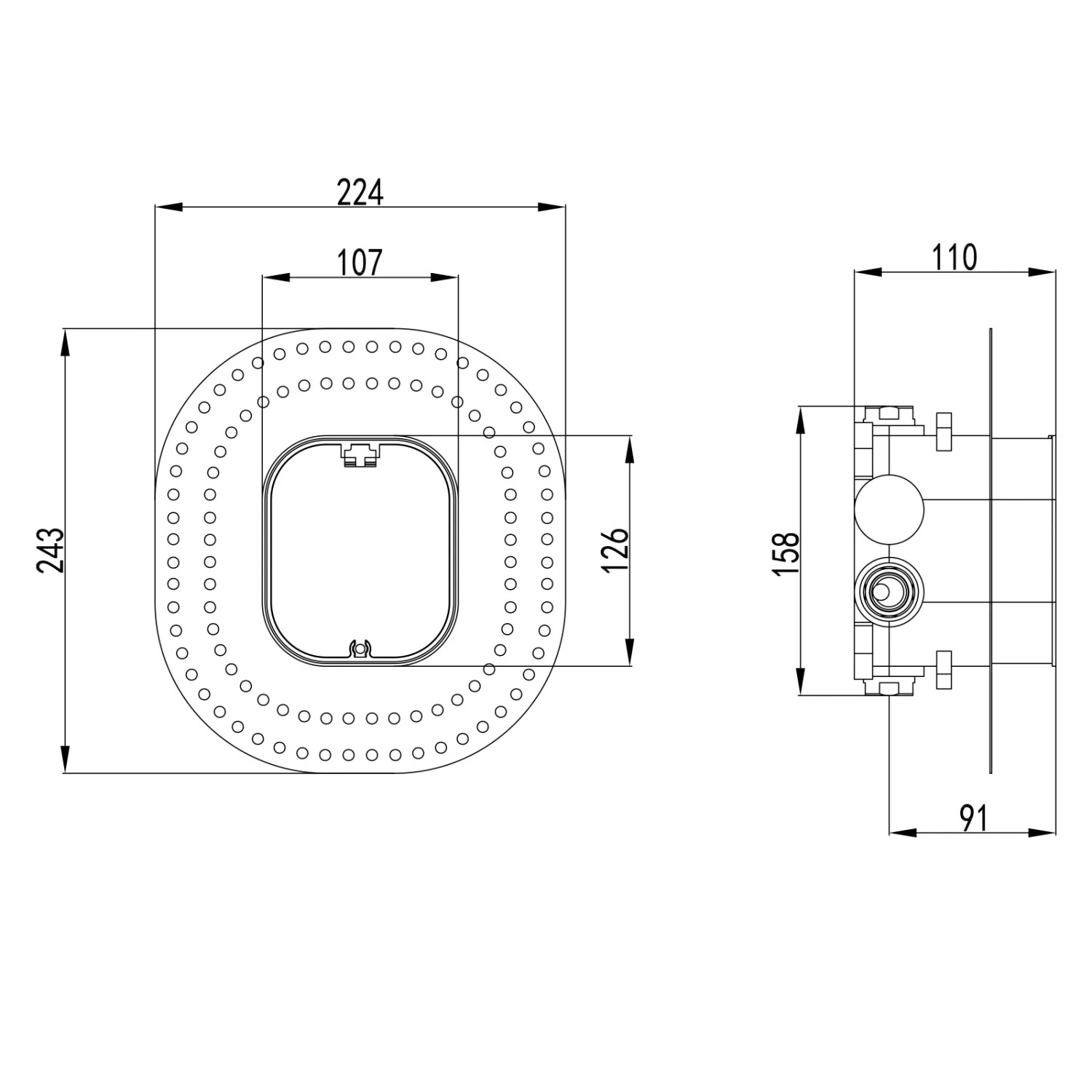 Technische Zeichnung des PaulGurkes Unterputz Duschsystems mit Maßen.
