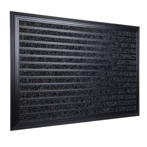 Schwarze Relaxdays Fußmatte mit Aluminiumrahmen und geriffelter Oberfläche, rutschfest für Innen- & Außenbereich.