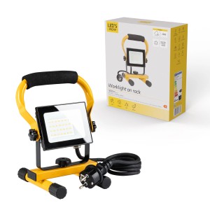 LED's Work Arbeitsleuchte, 20W, 1800lm, 4000K, IP65, gelb, mit Tragegestell und Produktverpackung.