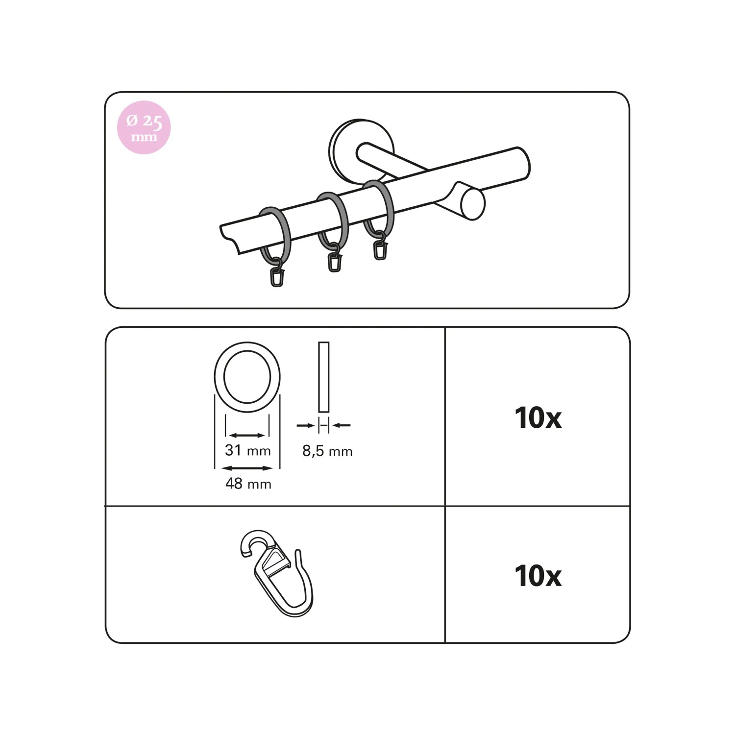Gardinia Holz-Ringe Country Eiche, 25mm, 10er-Pack für Stilgarnituren.