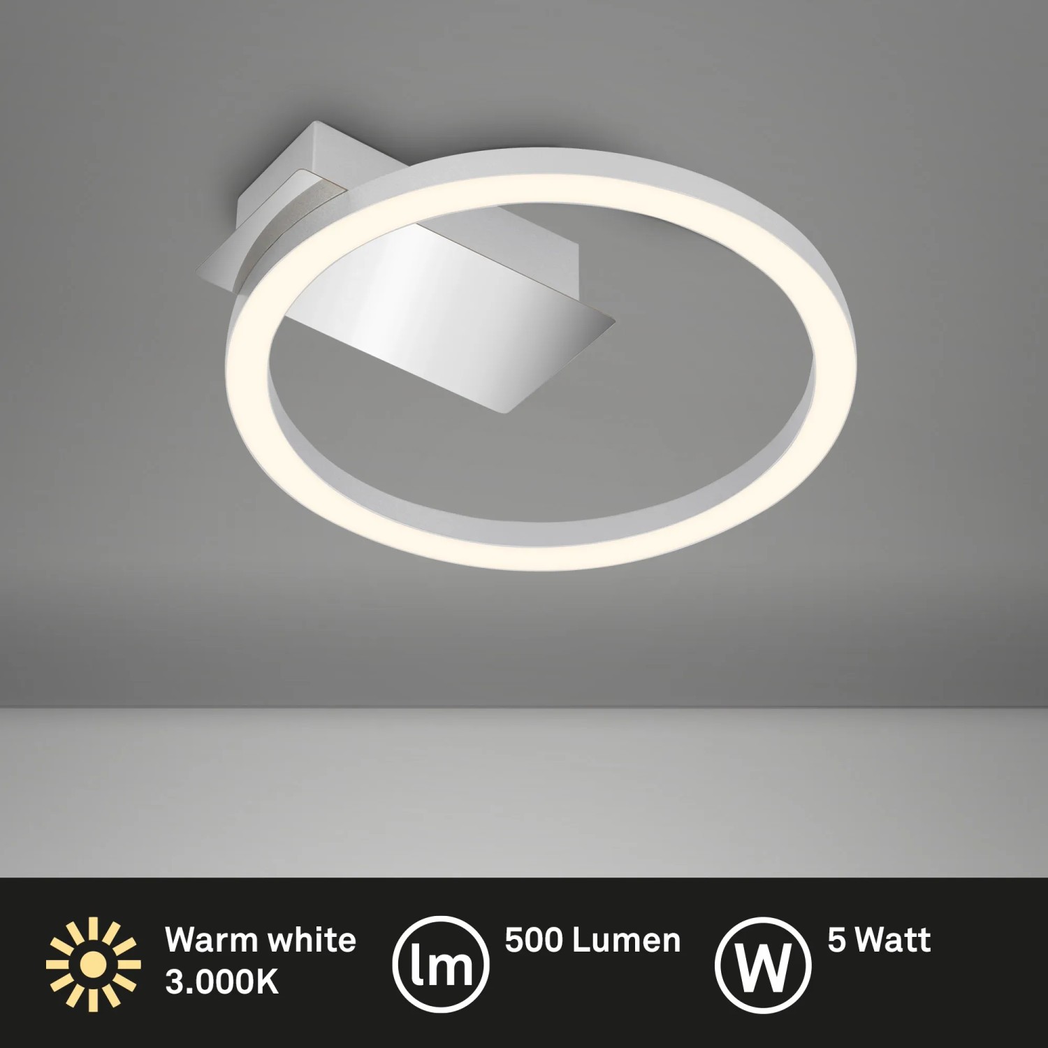 Moderne LED-Deckenleuchte Nici in Silber mit warmweißem Licht und rundem Design.