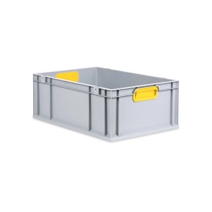 Graue PROREGAL Eurobox mit gelben Griffen, 44 Liter, verstärkter Boden. Ideal zur Aufbewahrung.