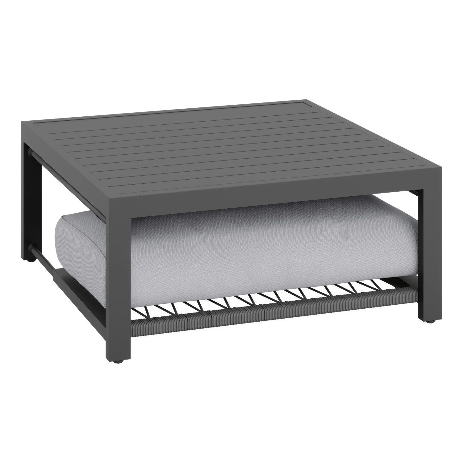 Quadratischer Tisch aus dem 4-teiligen Lounge-Set Willa aus Aluminium in Anthrazit mit Seilbespannung.