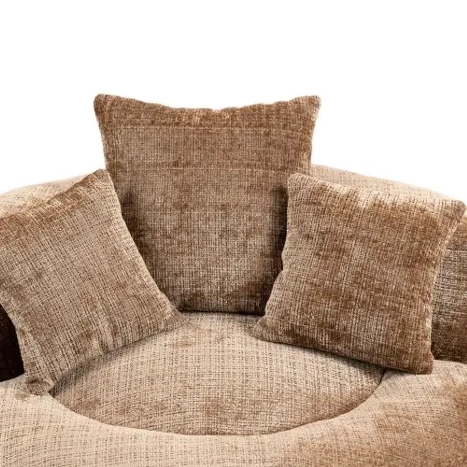 Brauner Chenille Sitzsack Stuhl mit drei Kissen für Wohnzimmer oder Gaming.