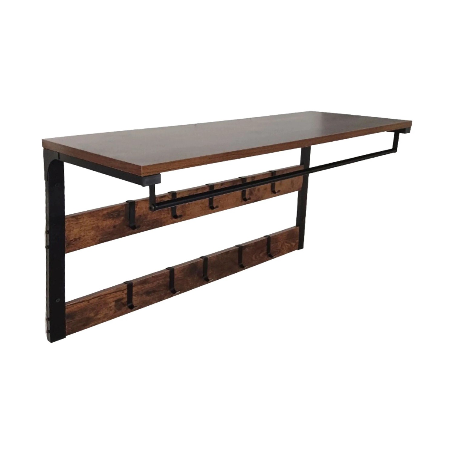 Relaxdays Wandgarderobe MDF Eisen Dunkelbraun Schwarz mit 10 Haken Kleiderstange Ablage 42 cm x 80 cm x 30 cm