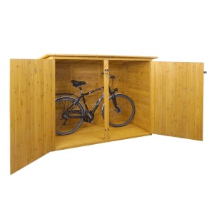 Braune PROREGAL Fahrradgarage aus Holz mit Fahrrad und geöffneten Türen.