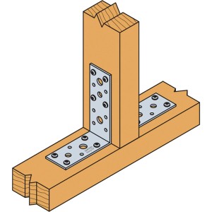 Feuerverzinkter Simpson Winkelverbinder AG 40412 aus Stahl zur Holzverbindung. L-Form mit vielen Befestigungslöchern.