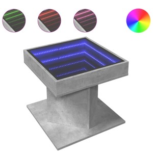 Betongrauer LED-Couchtisch mit Infinity-Spiegel, 50x50 cm, aus Holzwerkstoff.