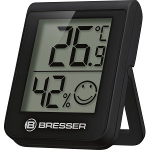 BRESSER HumiTemp Thermo-Hygrometer in Schwarz zeigt Temperatur und Luftfeuchtigkeit an.