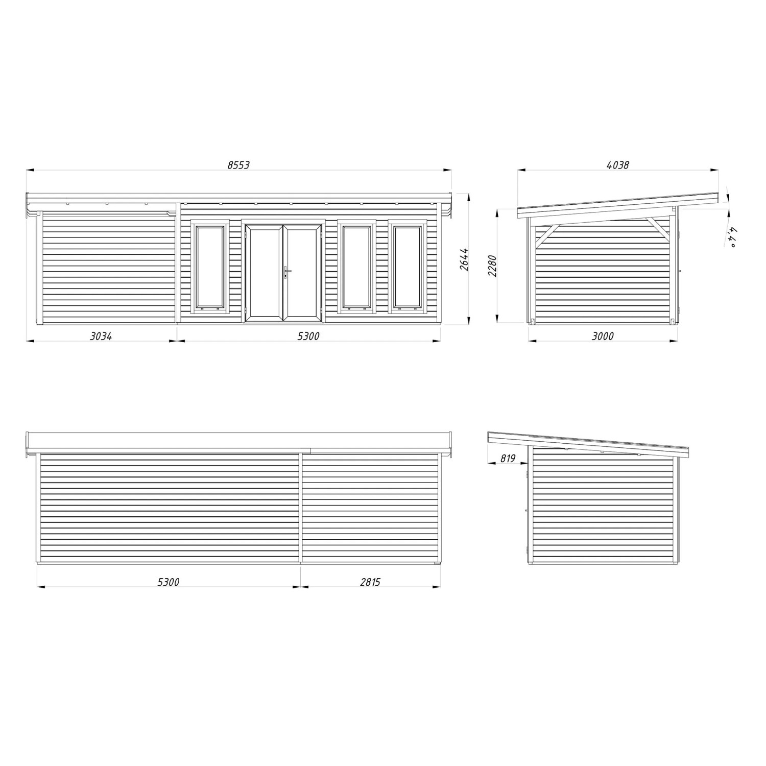 Technische Zeichnung: Palmako Holz-Gartenhaus mit Pultdach, hellbraun, Maße und Ansichten.