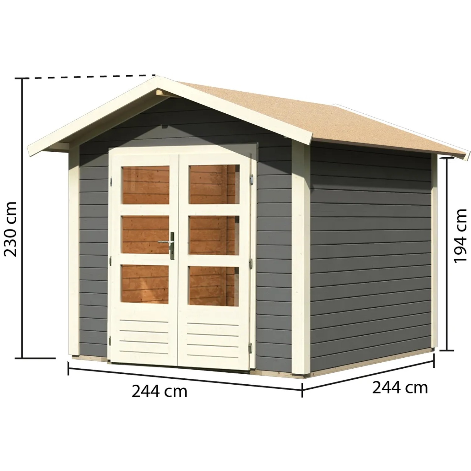 Karibu Holz-Gartenhaus Tessin 1, terragrau, 240x240 cm mit Doppeltür und Boden.