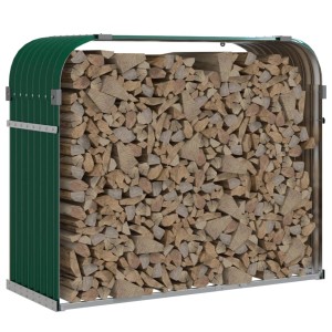 Grüner vidaXL Kaminholzunterstand aus verzinktem Stahl, gefüllt mit Holzscheiten.