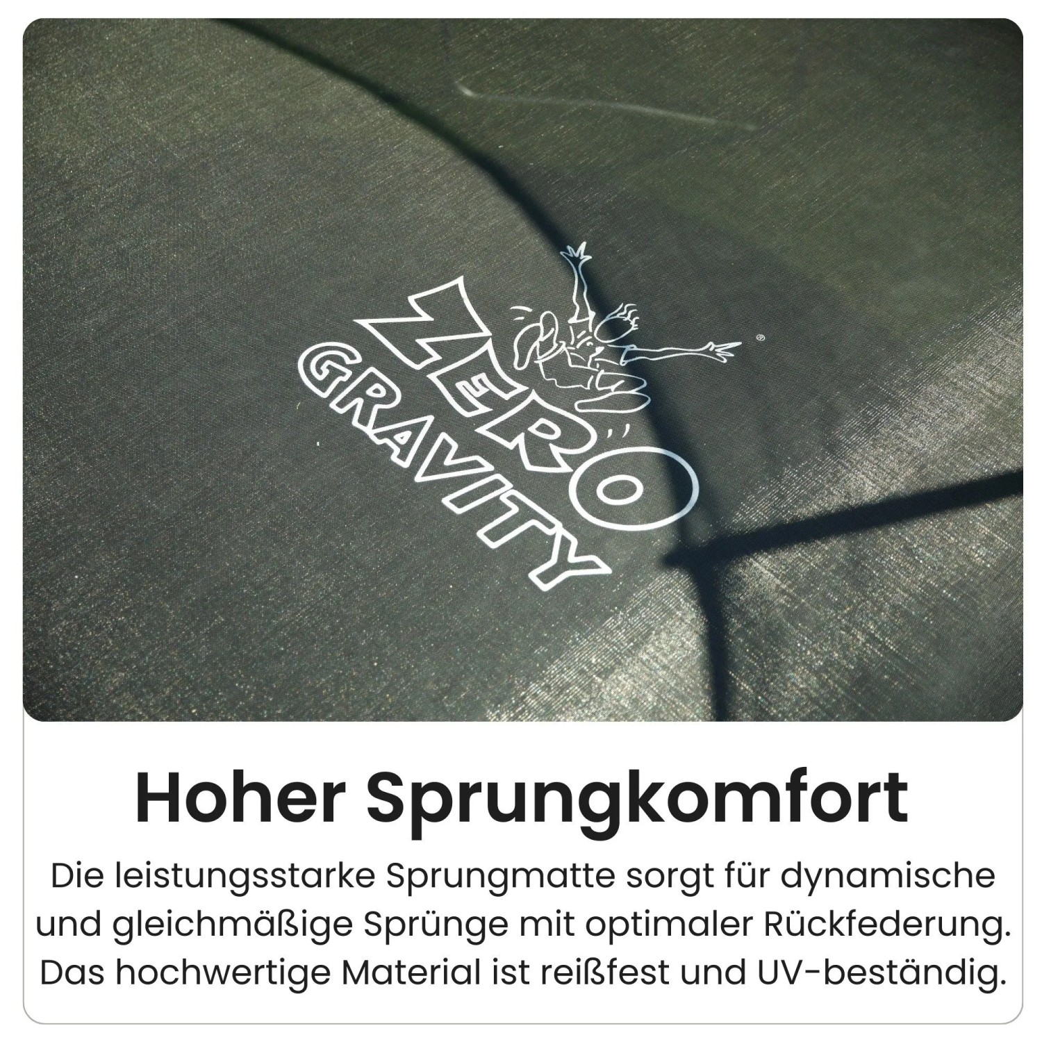 Detailaufnahme: Schwarzes Zero Gravity Gartentrampolin Sprungtuch mit Logo.