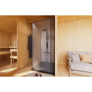 Karibu Saunahaus Huelva Schwarz mit Vorraum, Dusche und Liegen aus hellem Holz.