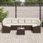 Braunes vidaXL Gartenmöbel-Set aus Polyrattan mit cremefarbenen Kissen, bestehend aus Sofa und Tisch.