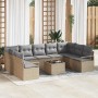 Beiges 10-tlg. vidaXL Garten-Sofa-Set aus Poly Rattan mit Tisch und grauen Kissen.