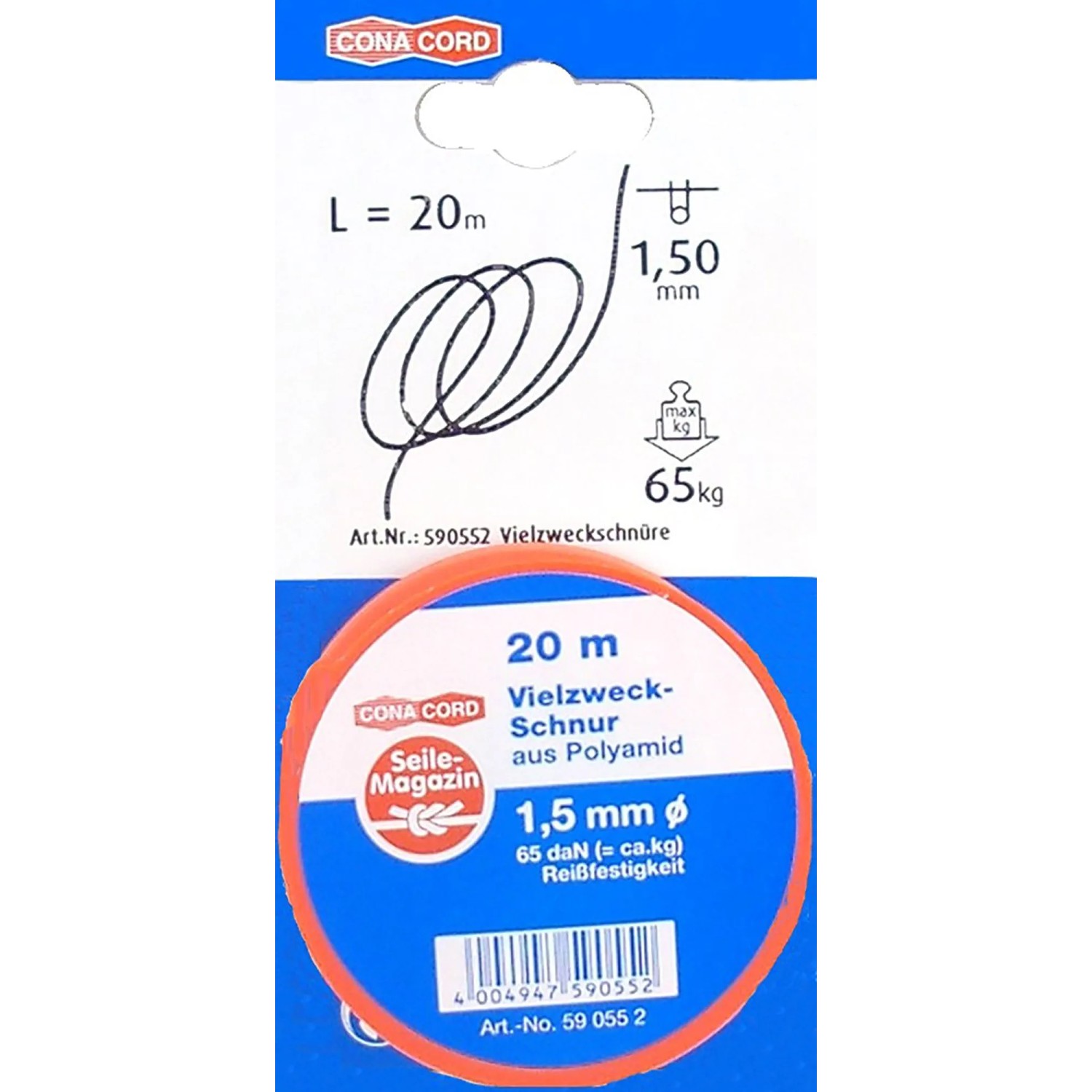 Weiße Conacord Mehrzweckseil-Schnur, 1,5 mm Durchmesser, 20 m Länge.