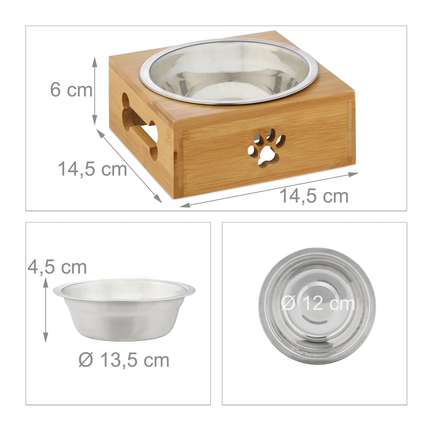 Relaxdays Hundenapf Bambus Edelstahl Natur Silber Spülmaschinengeeignet 400 ml 6 cm x 14,5 cm x 14,5 cm 240 g_4