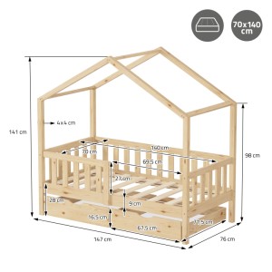 ML-Design Hausbett mit Matratze, 70x140 cm, Kiefer natur, mit Schubladen. Kinderbett im Hausdesign.