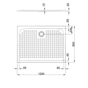 Technische Zeichnung: pianura Duschwanne Emilia, 120x90 cm, Mineralguss mit Antirutsch.