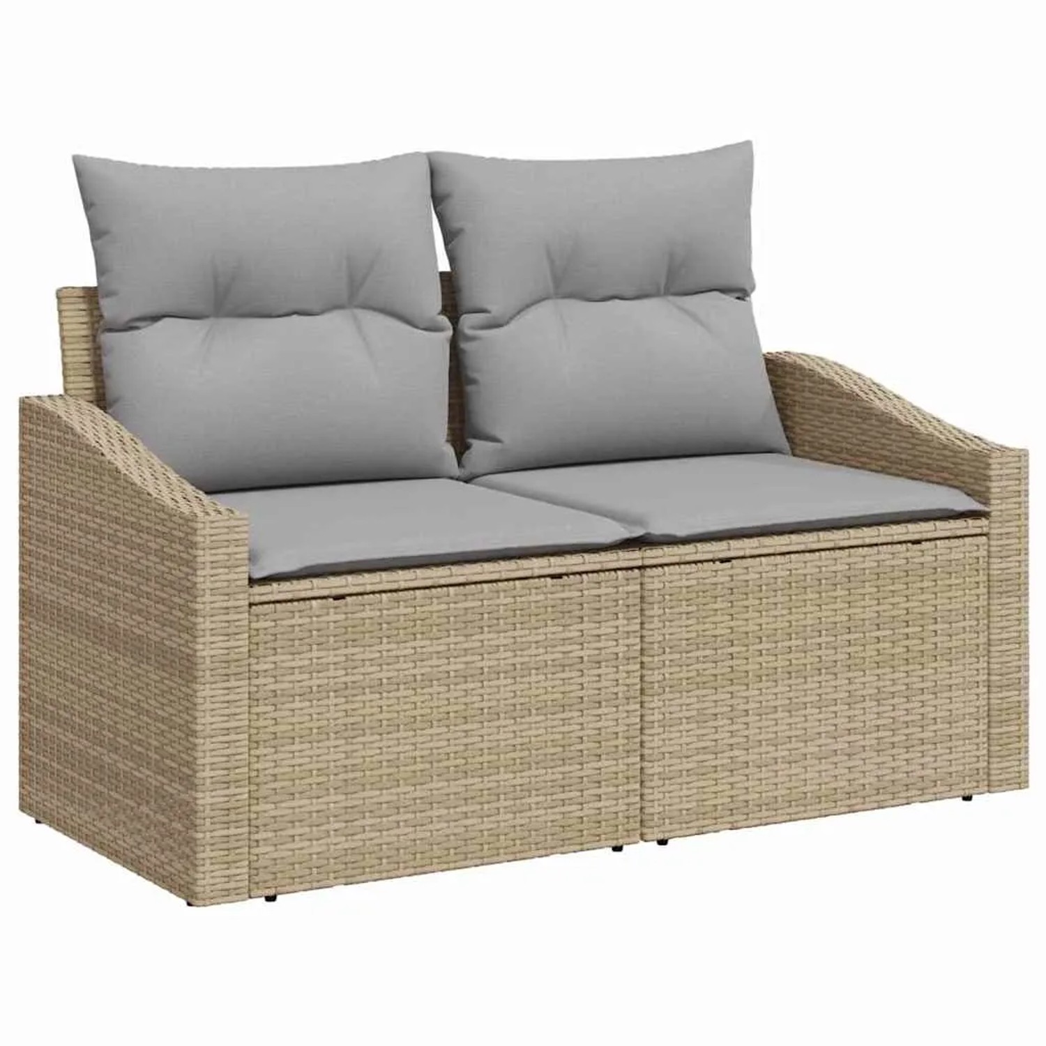 Beiges 12-teiliges vidaXL Garten-Sofa-Set aus Poly Rattan mit grauen Kissen.