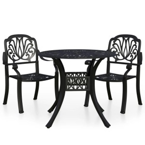 Schwarzes vidaXL Bistro-Set, 3-teilig, aus Aluminiumguss mit Tisch und zwei Stühlen.