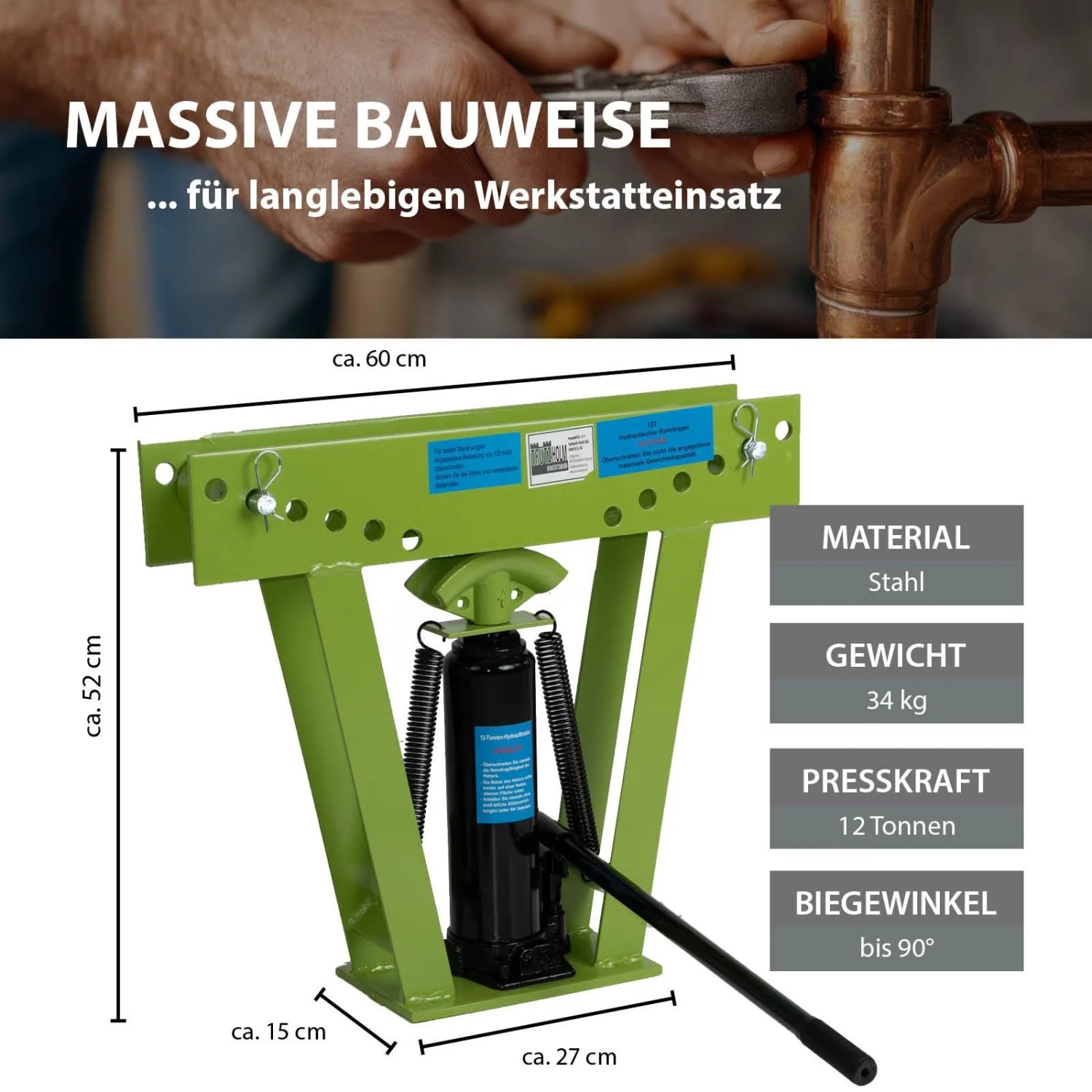 TRUTZHOLM Rohrbiegemaschine, hydraulisch, 12t Presskraft, mit 6 Matritzen für bis zu 90° Biegewinkel.