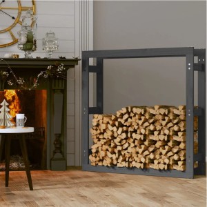 Graues vidaXL Kaminholzregal aus Kiefernholz, gefüllt mit Holzscheiten, neben Kamin.