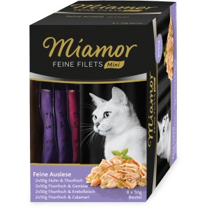 Miamor Katzen-Nassfutter Multibox Feine Filets Auslese mit Thunfisch, Huhn, Gemüse, Krebsfleisch und Calamari, 8x50g.