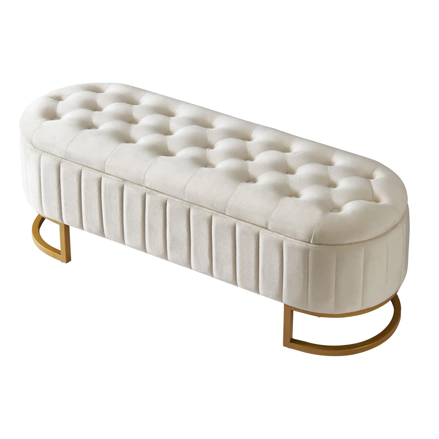 Beige Samt Sitzbank 120x40cm mit Stauraum, getufteter Oberfläche, vertikalen Ziernähten und goldenen Metallbeinen.