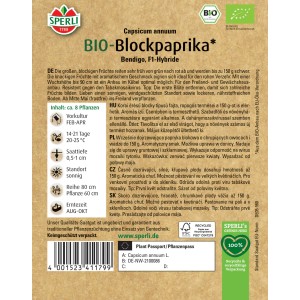 Sperli Bio Blockpaprika F1-Hybride Samenpackung mit Infos zu Anbau und Ernte.