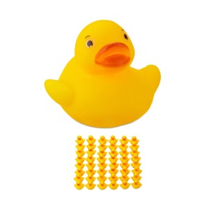 48 gelbe Relaxdays Badeenten aus PVC, schwimmende Mini-Quietscheentchen als Badespielzeug.