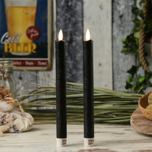 2 schwarze LED Stabkerzen aus Echtwachs, 25cm hoch, mit Timer für stimmungsvolles Licht.