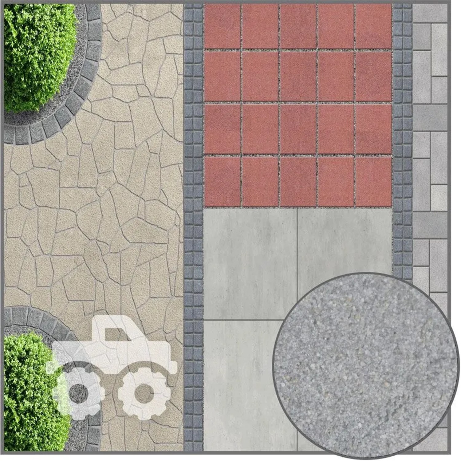 Pflasterfugenmörtel Granit Grau für extreme Belastung. Verschiedene Pflasterungen mit Fugen und Texturdetail.