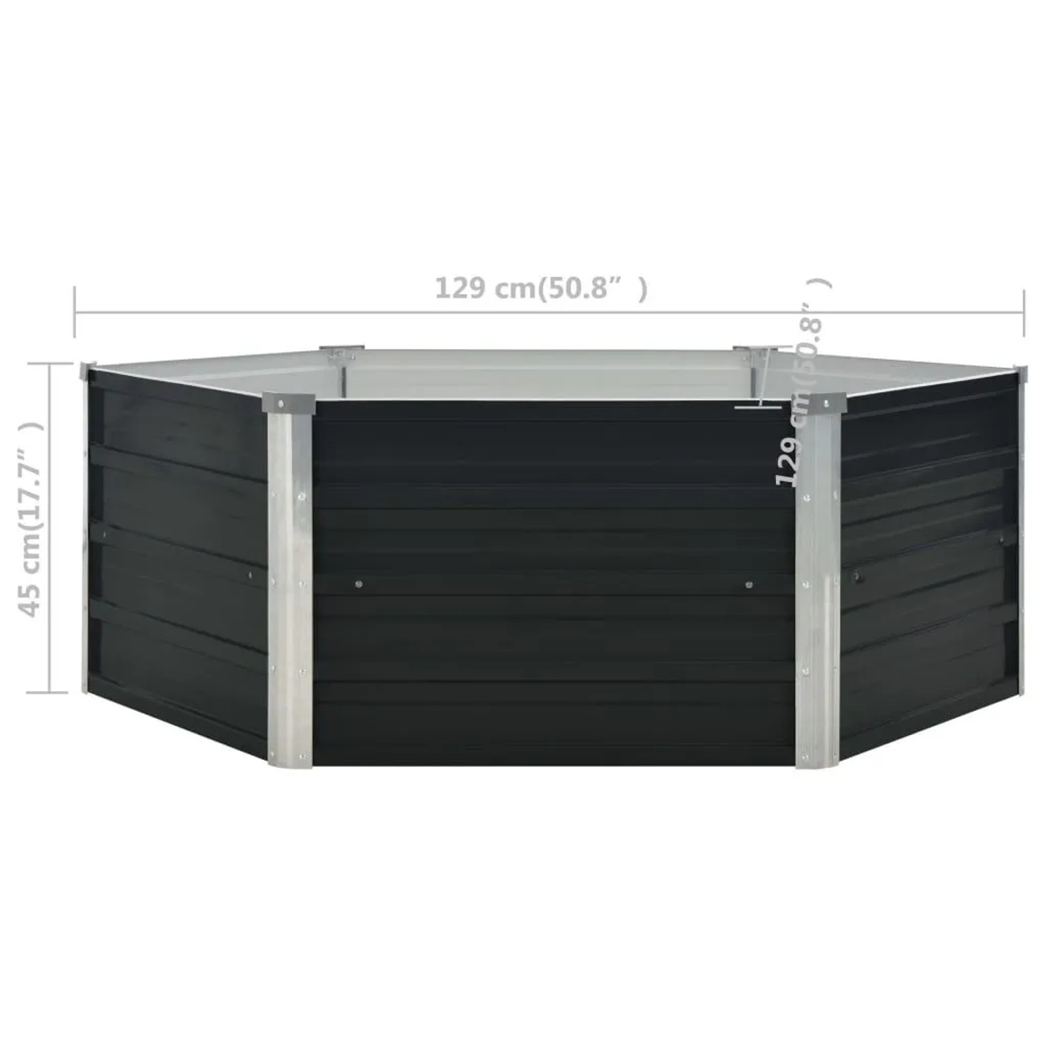 Anthrazitfarbenes, sechseckiges Hochbeet aus verzinktem Stahl, 129x129x45 cm.