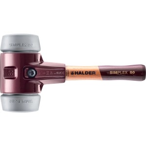 Halder Simplex Schonhammer Ø 80 mm mit grauem TPE-mid Einsatz, rotem Tempergussgehäuse und kurzem Holzstiel.