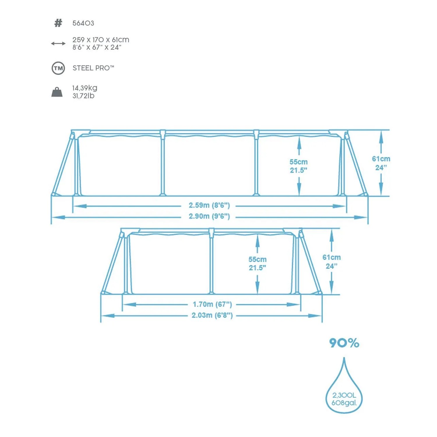 Technische Zeichnung Steel Pro Frame Pool, eckig, 259x170x61cm, Maße und Füllmenge
