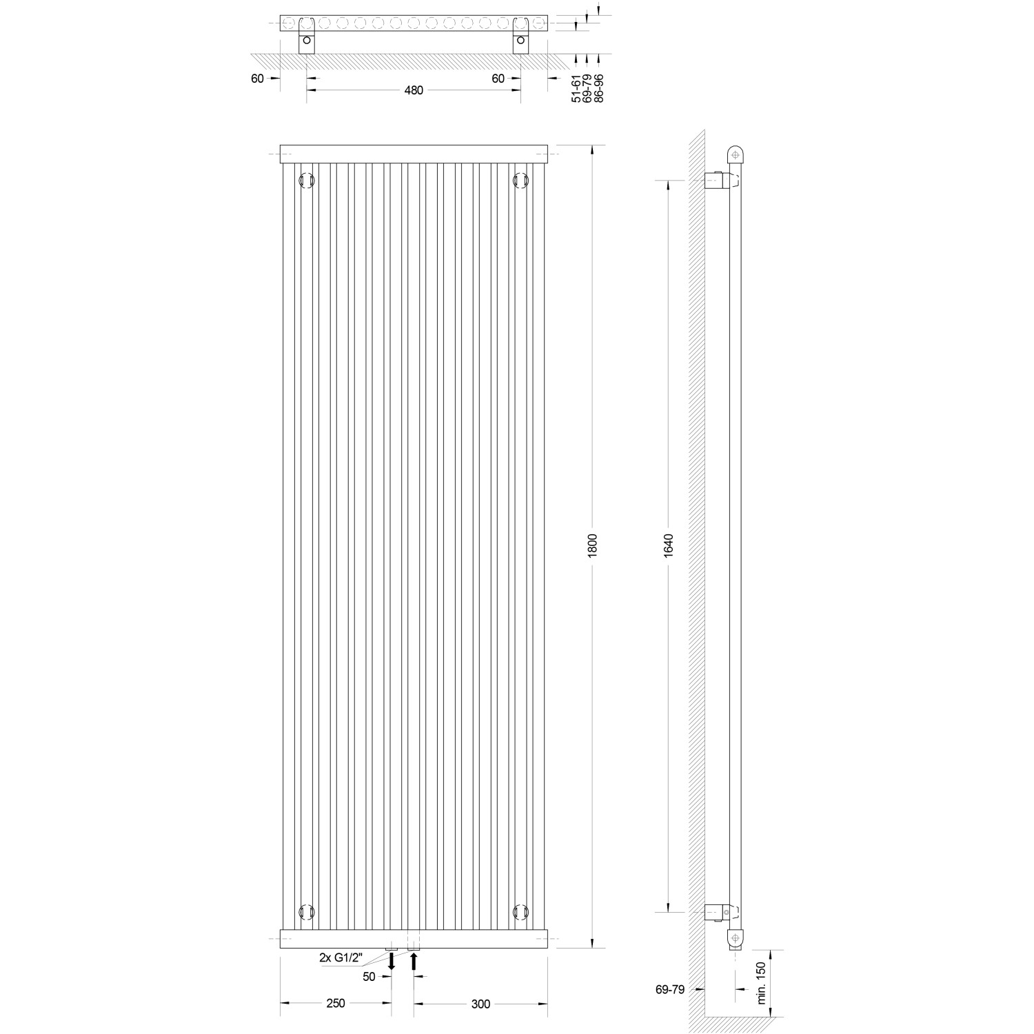 Technische Zeichnung: Schulte Design-Heizkörper Kiel, Mittenanschluss, 1232 W, Alpinweiß, Maße und Anschlüsse.