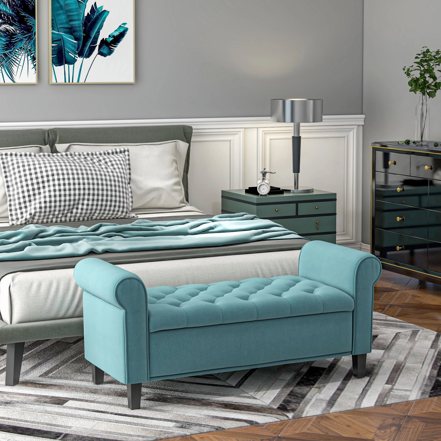 Türkisfarbene HOMCOM Sitzbank mit Stauraum im Schlafzimmer. Gepolsterte Möbel mit Knopfheftung.