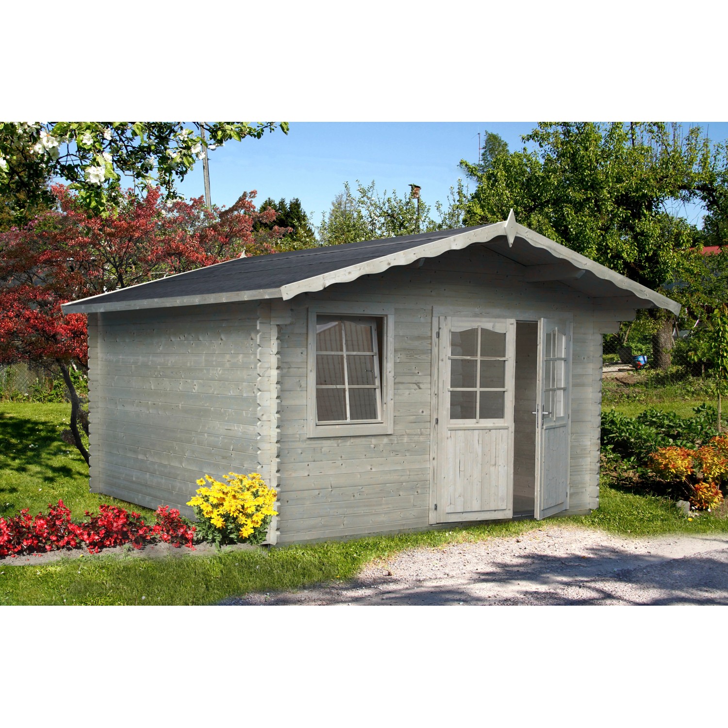 Palmako Emma Holz-Gartenhaus/Gerätehaus Grau Satteldach Tauchgrundiert 360 cm x 300 cm