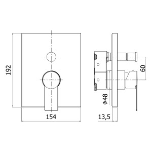Technische Zeichnung: Unterputz Badewannenarmatur von pianura, Chrom, für 2 Verbraucher.