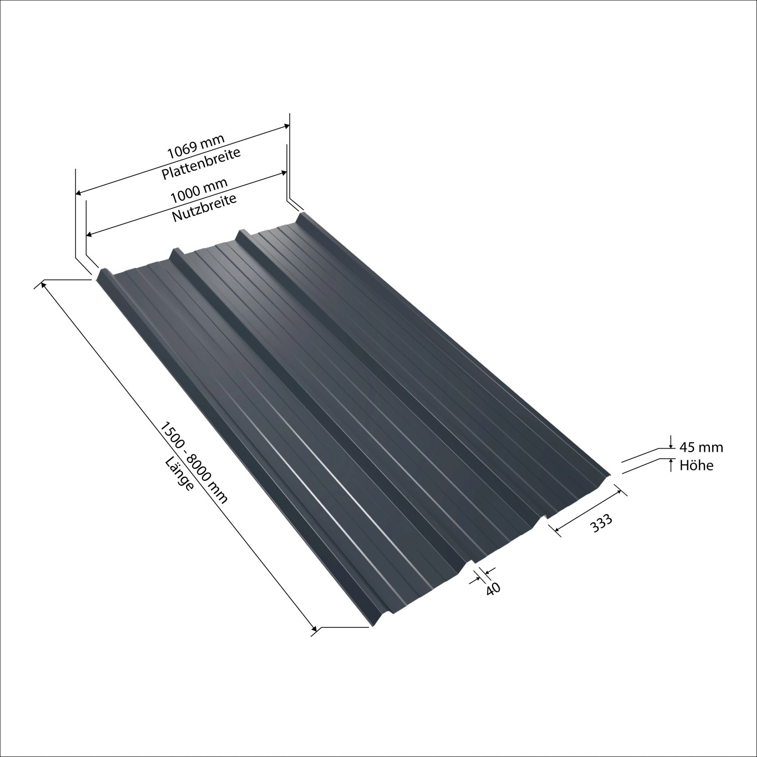 Weckman Trapezblech W45 in Anthrazit, Maße: 1500 x 1069 x 0,5 mm. Dachblech mit Profil.
