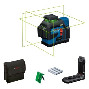 Bosch Professional GLL 12V-100-33 CG Linienlaser mit Zubehör wie Halterung, Batterien und Tasche.